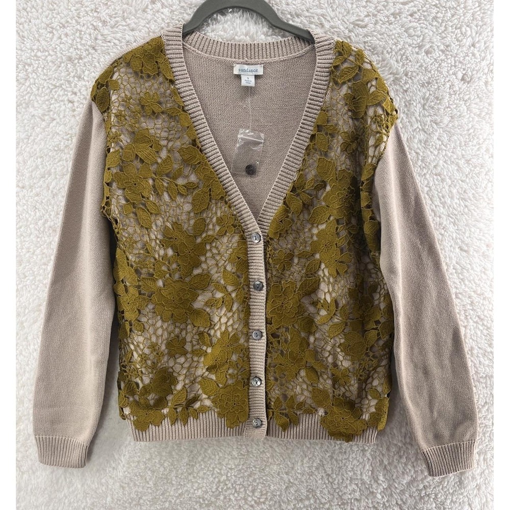 Sundance Floral Applique Crochet Lace Button Front Cardigan Women's Small Boho